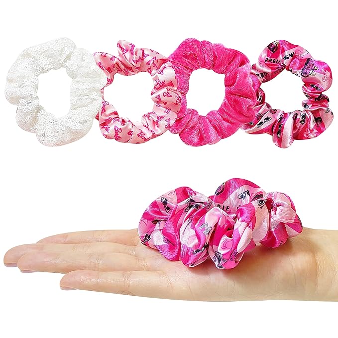 Barbie Hair Accessory 5 Pcs Set - 1 Regular 9 inch Hairbrush & 4 Scrunchies - Detangling Brush Elastic Hair Ties Ropes, Ages 3+