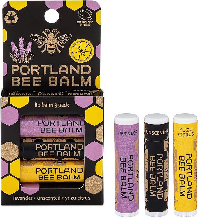 Portland Bee Balm All Natural Handmade Beeswax Based Lip Balm Unscented, Yuzu Citrus and Lavender Assortment 3 Count