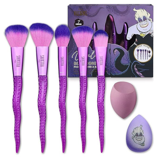 Disney Ursula 7PC Makeup Brush & Blender Set, All-over, Highlighter, Concealer, and Eyeshadow Brush, 2 Beauty Blender Sponges for women and girls by Belle Maison