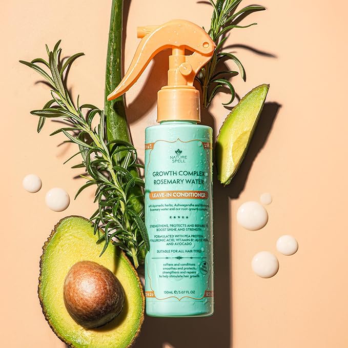 Nature Spell Rosemary Water Leave in Conditioner, Promotes Hair Growth, Heat Protection Spray, Detangling, Smoothes & Adds Shine, For All Hair Types, 5.07 Fl Oz