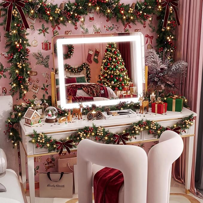HNV Gold Vanity Makeup Mirror with Lights, 22"x17" Large Lighted Vanity Mirror, Dimmable LED with 3 Color Touch Lighting, Tabletop Mirror for Desk or Bedroom, 360° Rotation