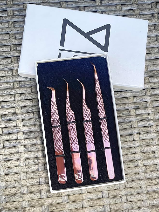 M LASH Tweezers for Eyelash Extensions (Set of 4) - Professional Lash Extension Tweezers - Fiber Tip, Japanese Steel, Diamond Grip (Rose Gold)