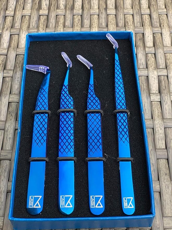 M LASH Tweezers for Eyelash Extensions (Set of 4) - Professional Lash Extension Tweezers - Fiber Tip, Japanese Steel, Diamond Grip Eyelash Extension Tweezer (Blue)