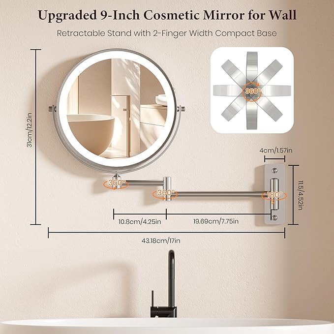 9" Large 15X Rechargeable Wall Mounted Lighted Makeup Mirror Nickel, 5000mAh HD Magnifying Mirror with 3 Color Bright Lights Touch Screen Dimmable, 17" Extendable 360° Swivel Bathroom Vanity Mirror