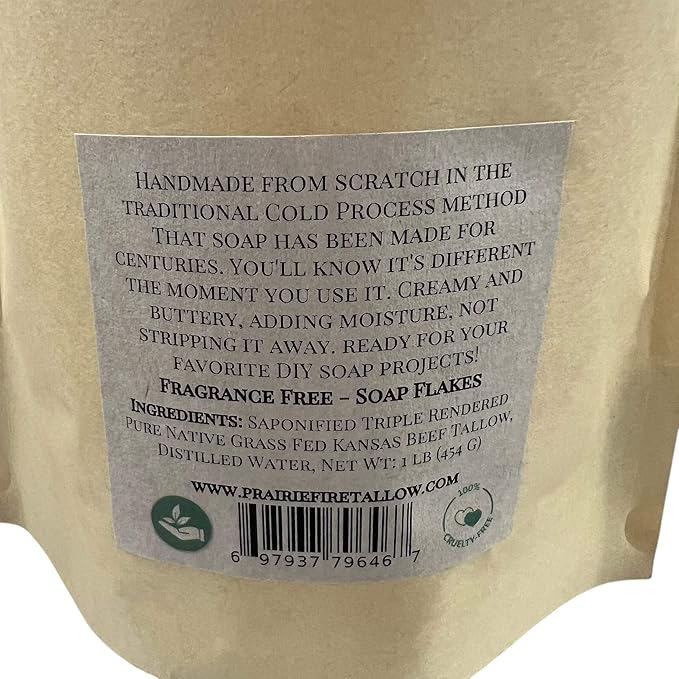 Pure Beef Tallow Soap Flakes - Made in USA - Grass Fed and Finished - Face, Body and Hair - Natural and Organic Fragrance Free