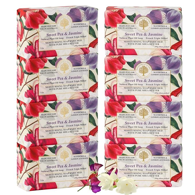 Wavertree & London Sweet Pea & Jasmine Scented Natural Soap (8 Bars), 7oz Moisturizing French Triple Milled Soap Bars enriched with shea butter - Pure Plant Oil Bath & Body Bars for All Skin Types
