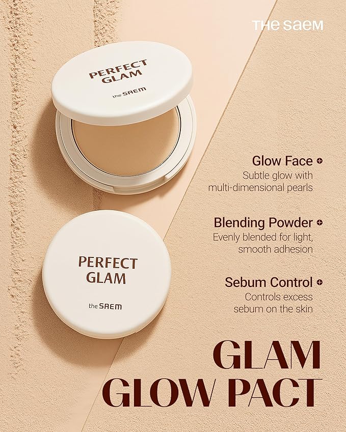 THESAEM Perfect Glam Glow Pact - Illuminating Face Powder with Colorful Pearls for Soft Radiant Glow - Sebum Control Blending Powder with Diamond & Silk - Korean Makeup Highlighter Compact