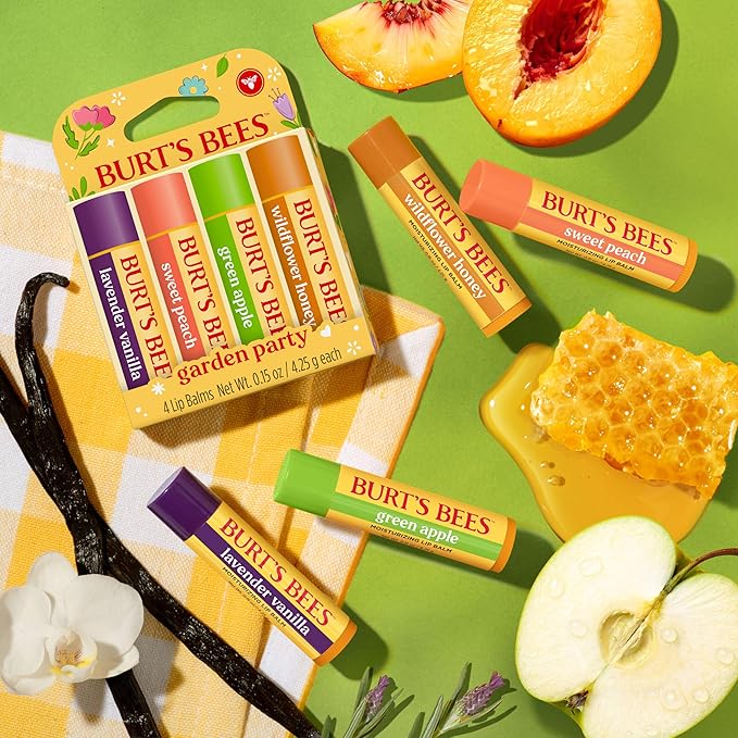 Burt's Bees Back To School Gifts Ideas - Garden Party Lip Balm Set, Lavender Vanilla, Sweet Peach, Green Apple, Wildflower Honey, Natural Origin Lip Treatment, 4 Tubes, 0.15 oz.