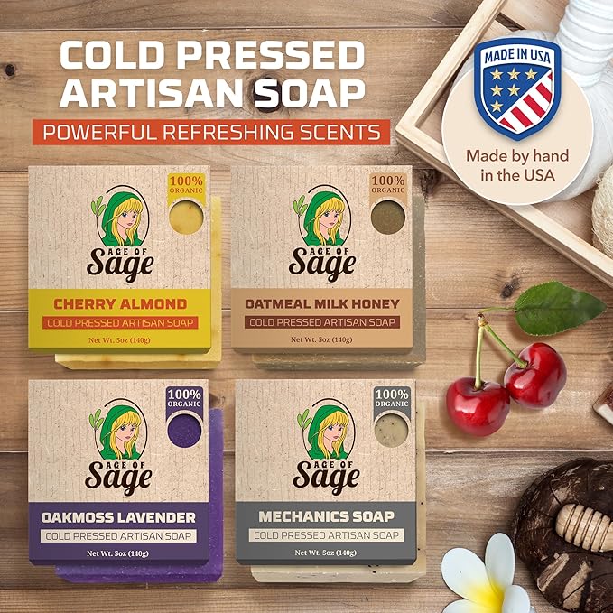 Moisturizing Cold Process Artisan Natural Bar Soap Gift Set for Women - 4pk Honey & Him Scent: Cherry Almond, Oatmeal Milk Honey, Oakmoss Lavender, & Mechanics Soap