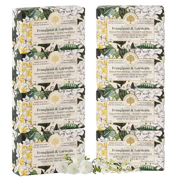 Wavertree & London Frangipani and Gardenia Scented Natural Soap (8 Bars), 7oz Moisturizing French Triple Milled Soap Bars enriched with shea butter - Pure Plant Oil Bath & Body Bars for All Skin Types