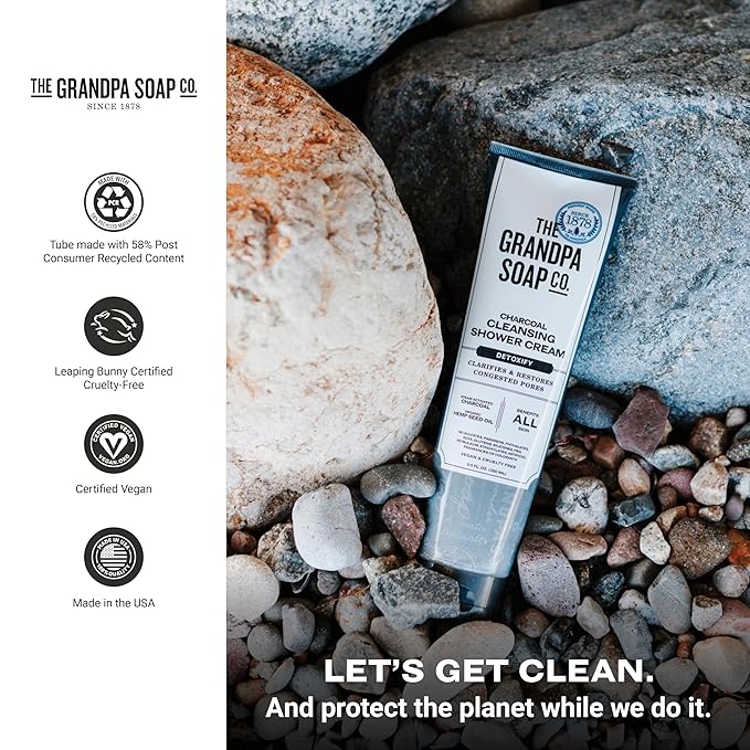The Grandpa Soap Company Charcoal Cleansing Shower Cream - Clarifies & Restores Congested Pores, With Activated Charcoal & Hemp Seed Oil, Detoxifies, 9.5 Fl Oz, 2 Pack