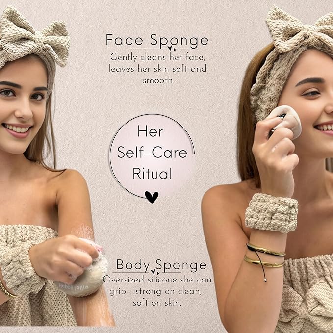 Happy Lolli Power Shower Gift Set – College Essential Bath Accessories for Women and Teen Girls – Includes Body Towel, Hair Towel, Wrist Bands, Headband, Face Sponge and More (Fresh in Beige)