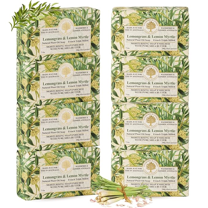 Wavertree & London Lemongrass & Lemon Myrtle Scented Natural Soap (8 Bars), 7oz Moisturizing French Triple Milled Soap Bars enriched with shea butter - Plant Oil Bath & Body Bars for All Skin Types