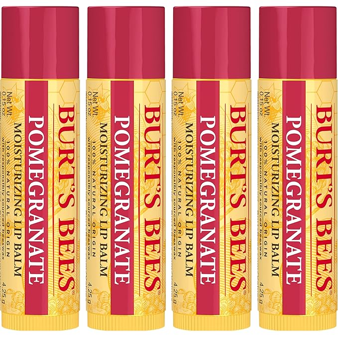 Burt's Bees Back to School Gift Ideas, Lip Balm - Pomegranate, Lip Moisturizer With Responsibly Sourced Beeswax, Tint-Free, Natural Origin Conditioning Treatment, 4 Tubes, 0.15 oz.