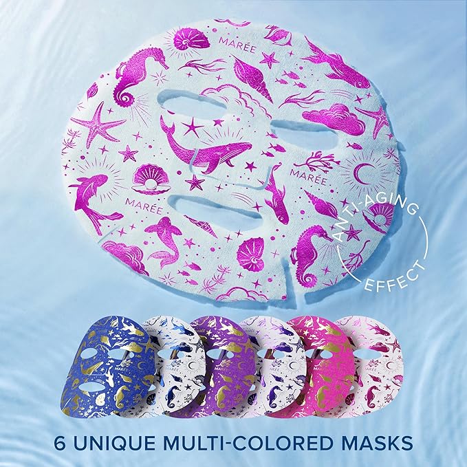 MAREE Collagen Facial Mask with Hyaluronic Acid - Hydrating Face Masks Skincare - Mascarillas Faciales For Women Skin Care - Multicolor, 6 Count