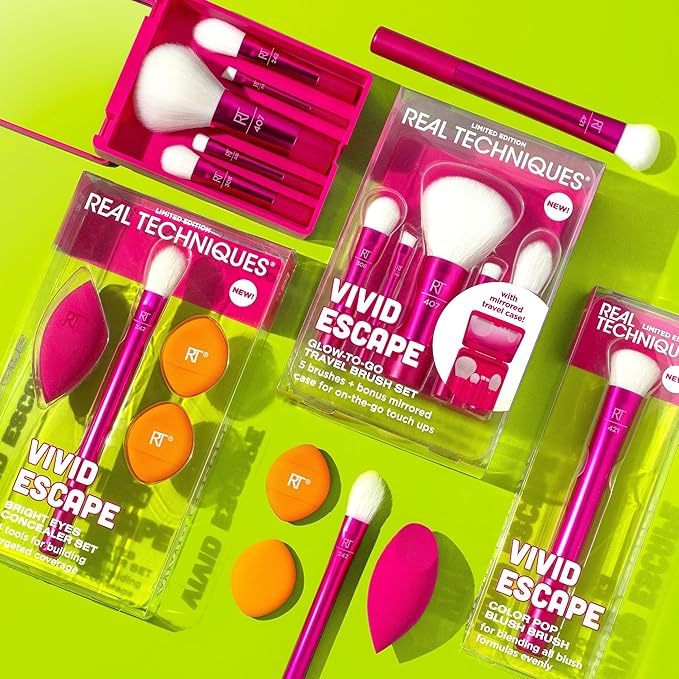Real Techniques Vivid Escape Bright Eyes Concealer 4 Piece Set, Includes Kitten Paw Makeup Brush, Powder Puff, & Concealer Makeup Blending Sponge, Targeted Concealing, Travel Friendly, Cruelty-Free