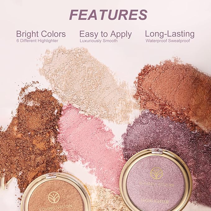 YOUNG VISION Pressed Powder Highlighter, Baked Natural Glow Contour Powder & Face Highlighter, Cruelty Free, Shimmer Highlighting Makeup for Face, Eye, Eyeshadow, Body, Skin (Silver)