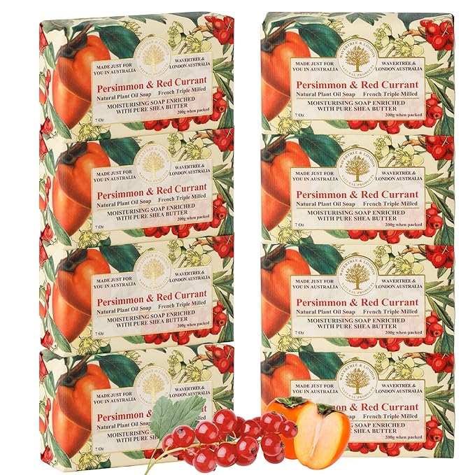 Wavertree & London Persimmon & Red Currant Scented Natural Soap (8 Bars), 7oz Moisturizing French Triple Milled Soap Bars enriched with shea butter - Pure Plant Oil Bath & Body Bars for All Skin Types