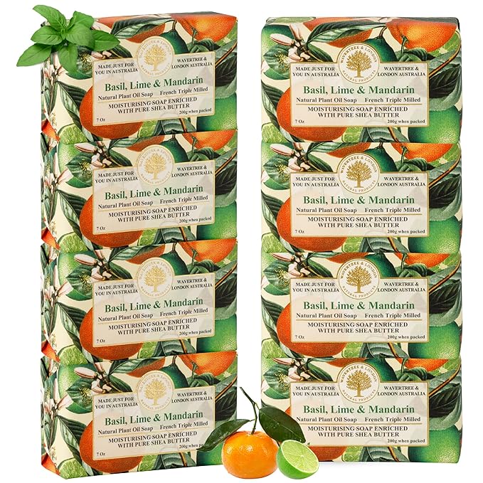 Wavertree & London Basil, Lime & Mandarin Scented Natural Soap (8 Bars), 7oz Moisturizing French Triple Milled Soap Bars enriched with shea butter - Pure Plant Oil Bath & Body Bars for All Skin Types
