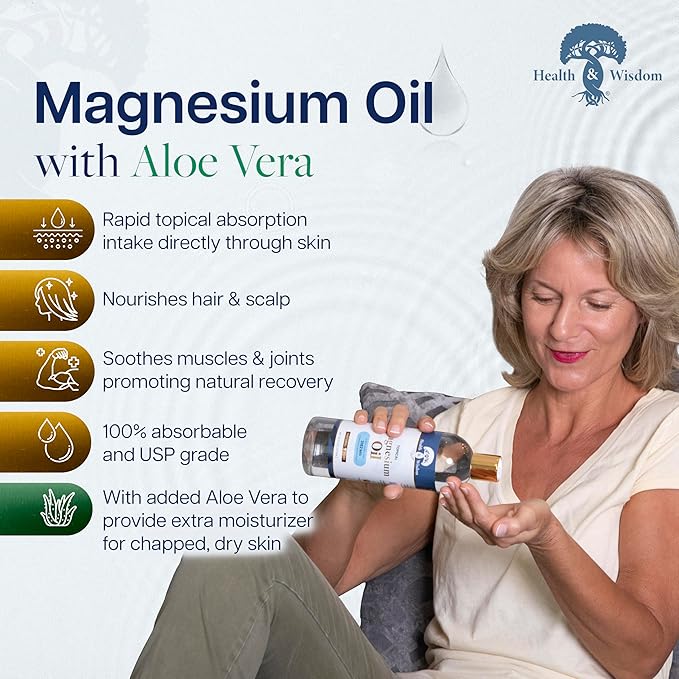 Health & Wisdom Pure Magnesium Oil with Aloe Vera - Topical Muscle & Joint Relief- Natural and Pure Skin Moisturizer - Enhanced Absorption - 4 fl oz