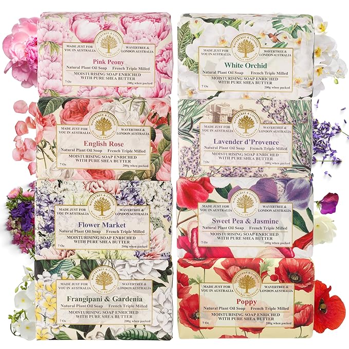 Wavertree & London Assorted Floral Elegance Scents Natural Soap Bars (Pack of 8), 7oz Moisturizing Triple Milled Soap Bars Enriched with Shea Butter and Pure Plant Oils | All Body & Bath Soap