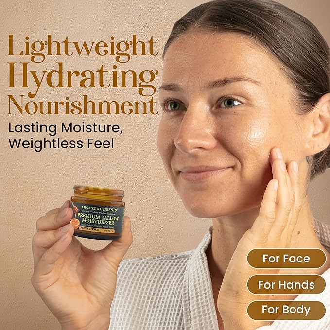 Grass-Fed Beef Tallow for Skin and Face, Nourishing Tallow and Honey Balm, Moisturizing for Face, Hands, and Body, Fresh Citrus Scent, 2 oz