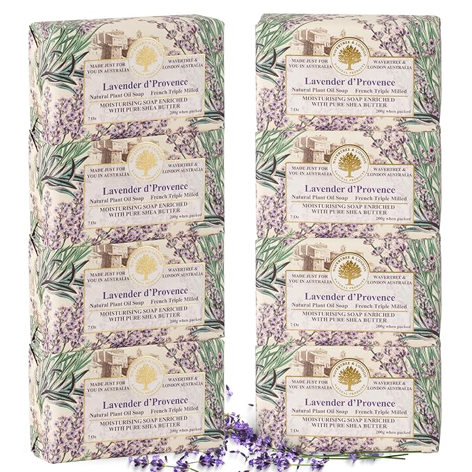 Wavertree & London Lavender D'Provence Scented Natural Soap (8 Bars), 7oz Moisturizing French Triple Milled Soap Bars enriched with shea butter - Pure Plant Oil Bath & Body Bars for All Skin Types