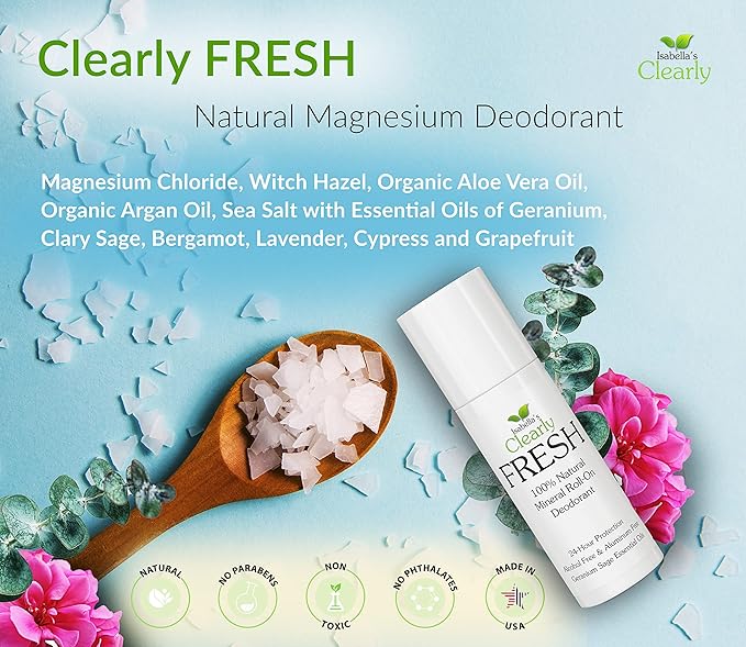 Clearly FRESH Natural Magnesium Roll On Deodorant | 24 hour Mineral Protection for Sensitive Skin with Aloe Vera | Without Aluminum, Parabens, Alcohol or Baking Soda | Geranium Sage