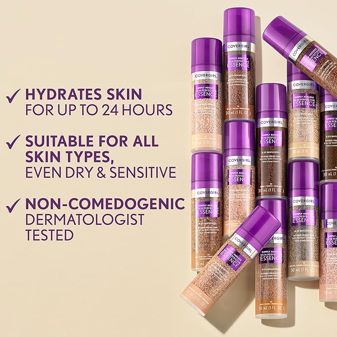 Covergirl Simply Ageless Skin Perfector Essence Foundation, 45 Medium-Olive, Tinted Skincare Makeup Hybrid, Sheer Tint, Radiant Finish, Glowy Finish, Vegan Formula, 1.0oz