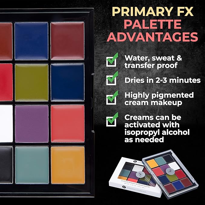 Narrative Cosmetics 12-Color Primary FX Cream Palette, Professional Quick Drying Waterproof SFX Makeup for the Stage, Film, Costumes, Cosplay