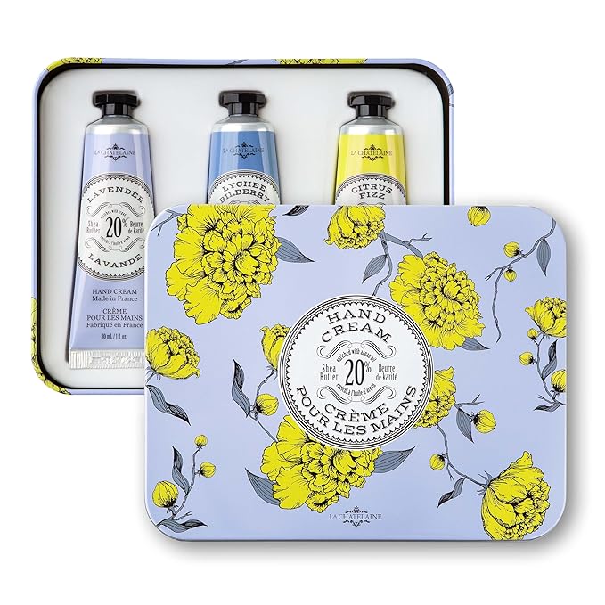 La Chatelaine French Hand Cream Trio Tin, Holiday Gift Set, Hand Lotion for Women, Made in France with 20% Organic Shea Butter (Lavender, Lychee Bilberry & Lemon Verbena or Citrus Fizz) 3 x 1 fl oz