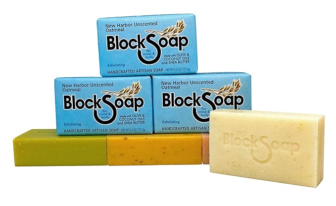 BLOCKSOAP FOR MIND & BODY Unscented Oatmeal Artisan Bar Soap 3-Pack with Sea Salt, Olive Oil, Coconut Oil, and Shea Butter (4.5oz)