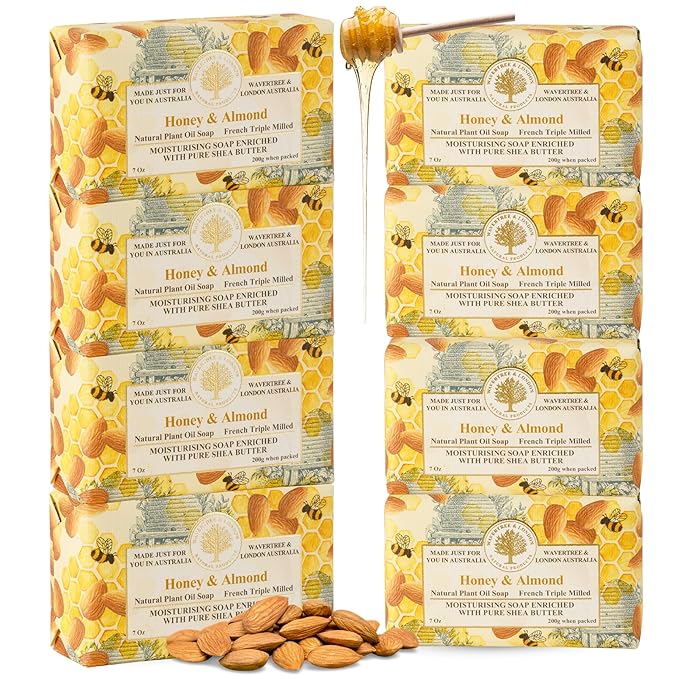 Wavertree & London Honey Almond Scented Natural Soap (8 Bars), 7oz Moisturizing French Triple Milled Soap Bars enriched with shea butter - Pure Plant Oil Bath & Body Bars for All Skin Types