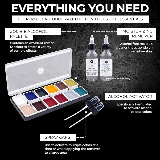 Narrative Cosmetics Zombie Alcohol-Activated Palette, Activator, and Remover Kit, Professional SFX Makeup Set