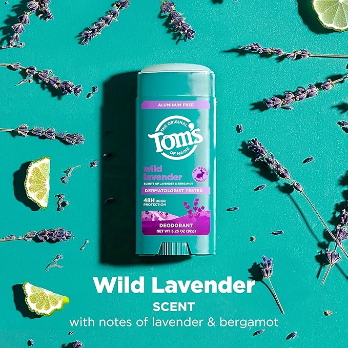Tom’s of Maine Wild Lavender Natural Deodorant for Men and Women, Aluminum Free, No Artificial Fragrances, Dyes, or Preservatives, Baking Soda Free, 48-Hour Odor Protection, 3.25 oz (2 Pack)