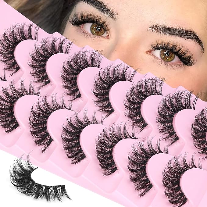 Mink Fake Lashes Wispy False Eyelashes Clear Band Natural Look Cat Eye Lashes Pack 3D 8-15mm Strip Lashes Wispy, 7 Pairs