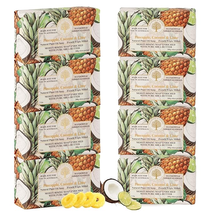 Wavertree & London Pineapple, Coconut & Lime Scented Natural Soap (8 Bars), 7oz Moisturizing French Triple Milled Soap Bars enriched with shea butter - Plant Oil Bath & Body Bars for All Skin Types