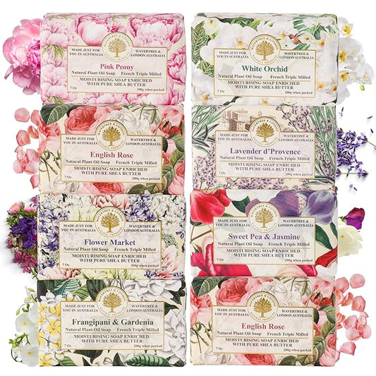 Wavertree & London Assorted Fabulous Florals Scents Natural Soap Bars (Pack of 8), 7oz Moisturizing Triple Milled Soap Bars Enriched with Shea Butter and Pure Plant Oils | All Body & Bath Soap