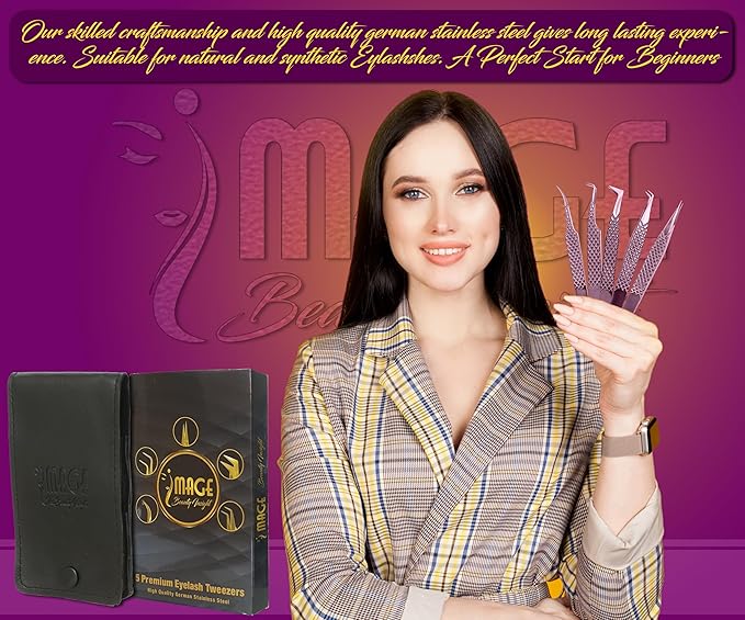 5 Pcs Fiber-Tip Japanese Steel Lash Tweezer Set with Leather Case, Professional Eyelash Tweezers for Lash Extensions – Titanium Coated, 90 & 45 Angled, Precision Pointed Tweezers (METALIC-ROSE)