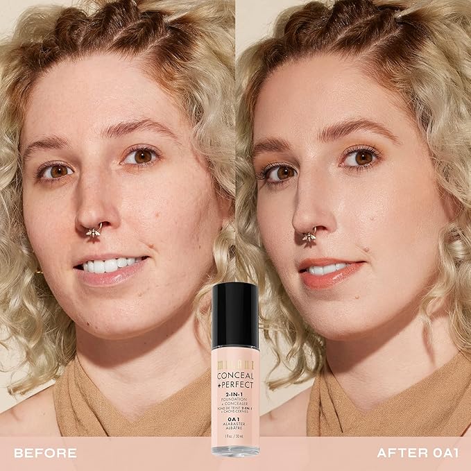 Milani Conceal + Perfect 2-in-1 Foundation + Concealer for a Flawless Complexion, Under Eye Corrector, Cover Redness and Imperfections, Waterproof and Sweatproof - Alabaster