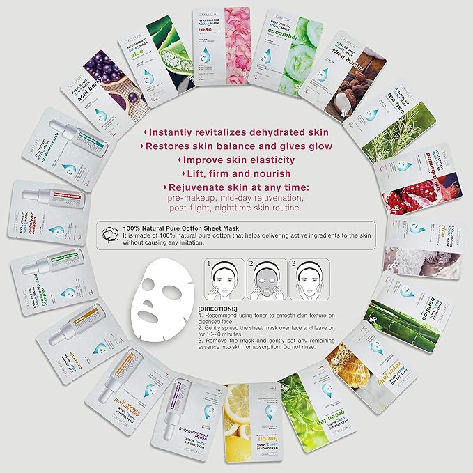Hyaluronic Aqua Plus Essence Full Face Facial Sheet Mask 14 Sheets - 2 WEEKS SET (LEMON - 14 pack)
