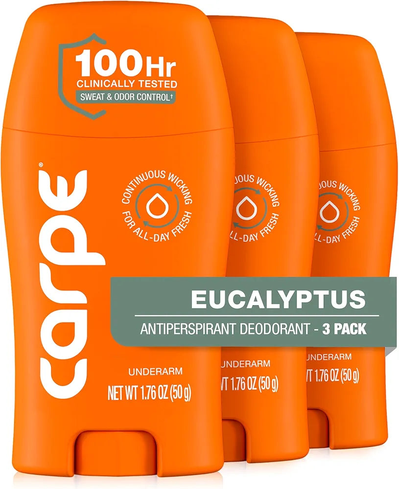 Carpe Underarm Antiperspirant Deodorant for Women and Men - Antiperspirant Deodorant for Stinky, Sweaty Armpits - 100 Hour Sweat & Odor Control - Clinical Strength - Eucalyptus - 3 Pack