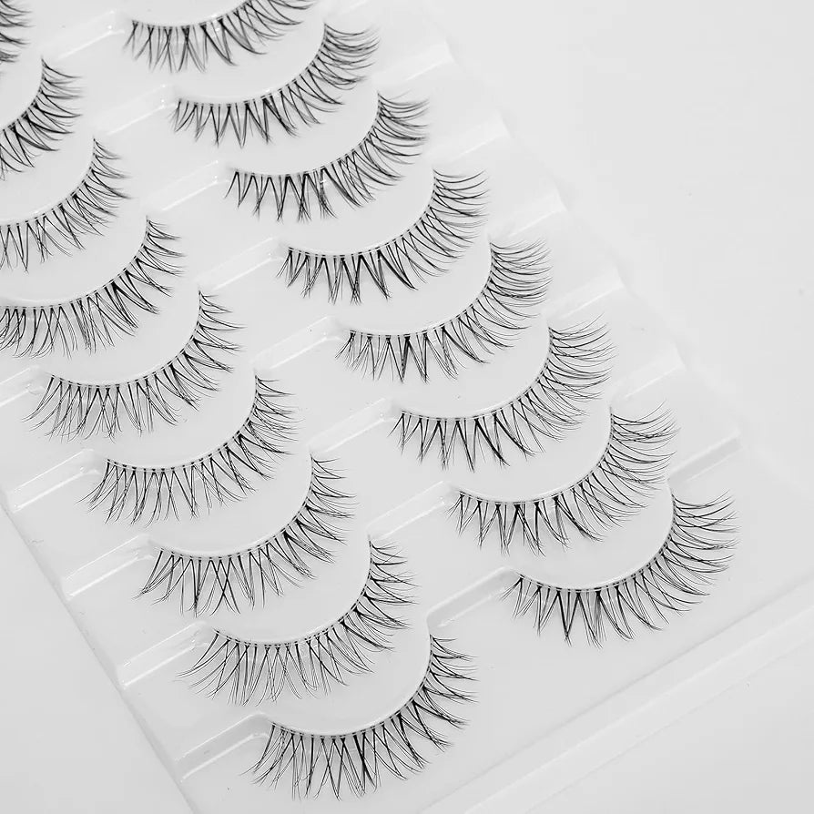 Natural Eyelashes Korean Japanese Asian Lashes with Clear Band 10mm 10Pairs Wispy Spiky Lashes Pack Short Natural False Lashes