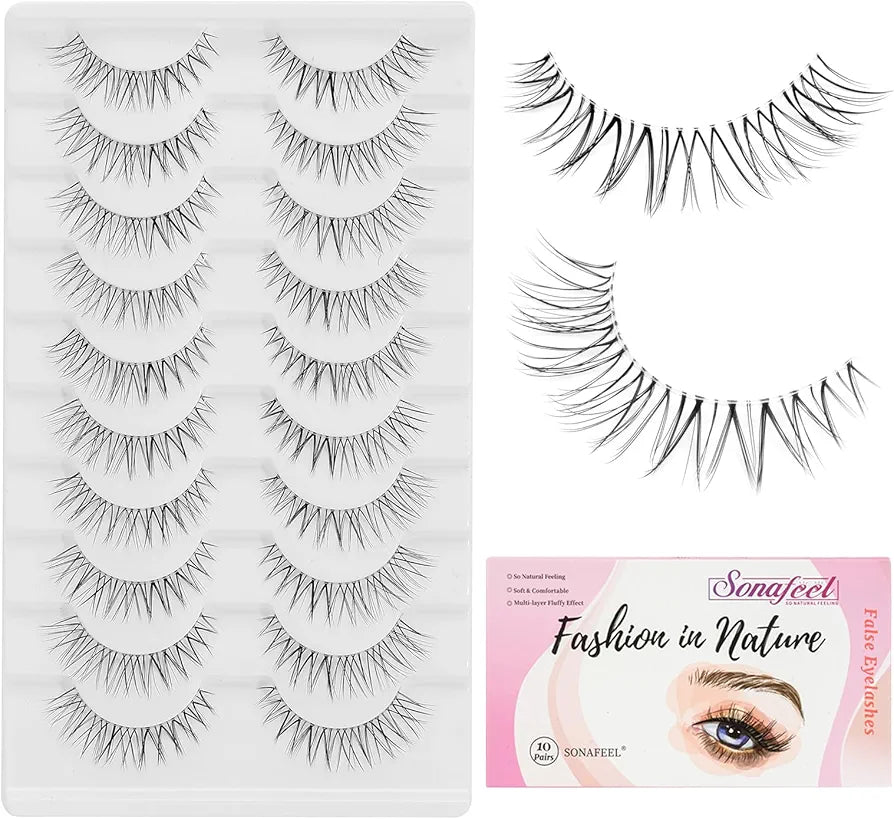 Natural Eyelashes Korean Japanese Asian Lashes with Clear Band 10mm 10Pairs Wispy Spiky Lashes Pack Short Natural False Lashes