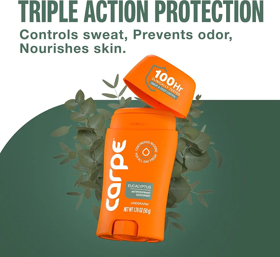 Carpe Underarm Antiperspirant Deodorant for Women and Men - Antiperspirant Deodorant for Stinky, Sweaty Armpits - 100 Hour Sweat & Odor Control - Clinical Strength - Eucalyptus - 3 Pack