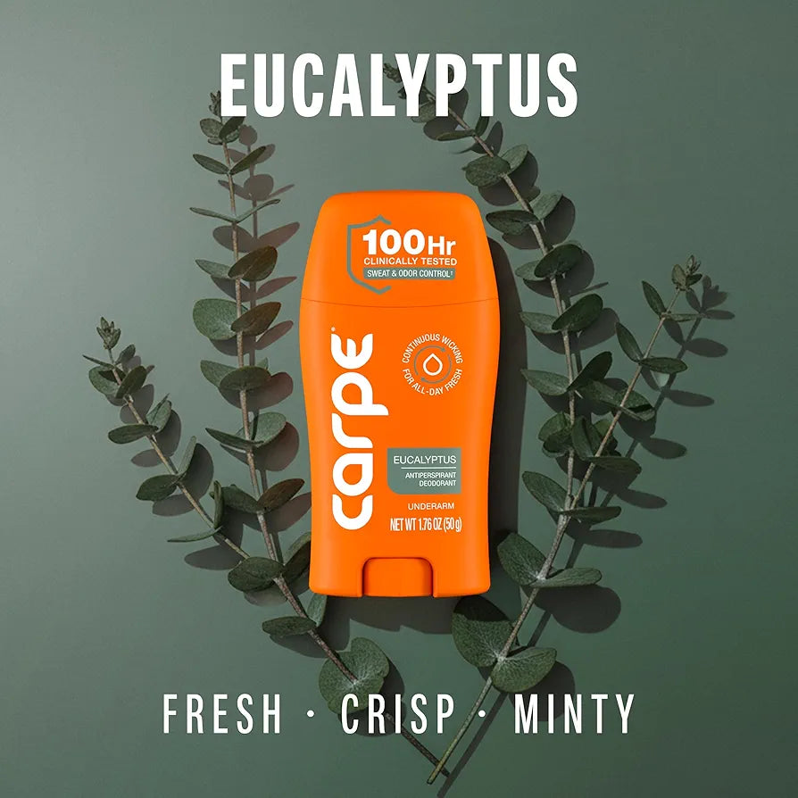 Carpe Underarm Antiperspirant Deodorant for Women and Men - Antiperspirant Deodorant for Stinky, Sweaty Armpits - 100 Hour Sweat & Odor Control - Clinical Strength - Eucalyptus - 3 Pack
