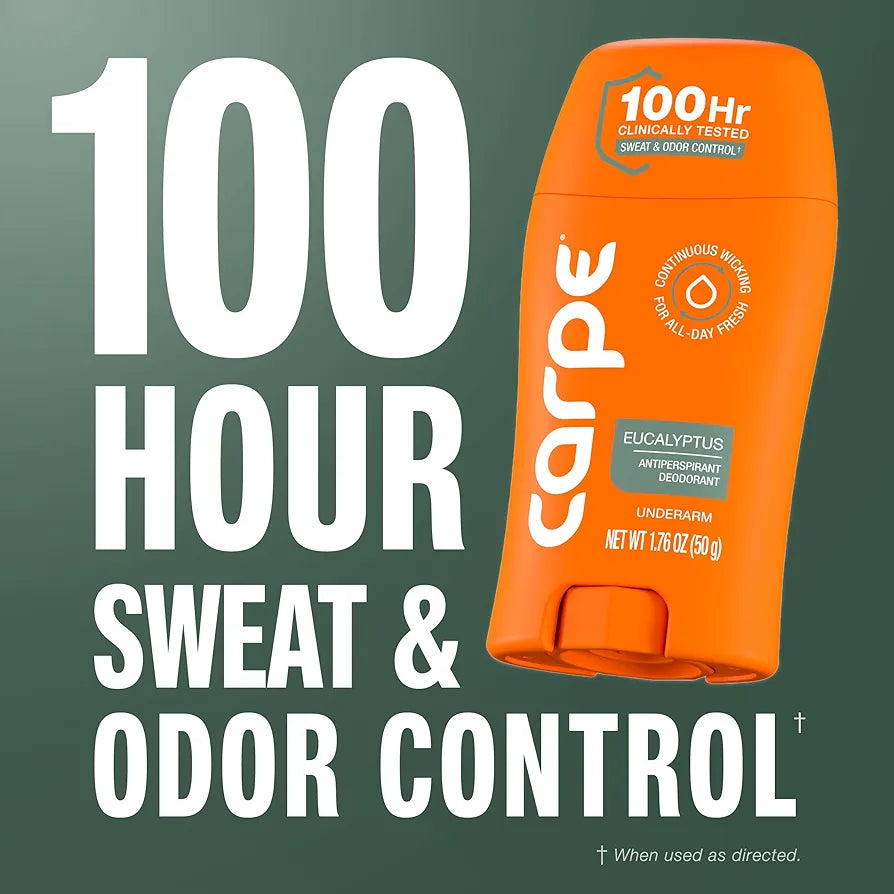 Carpe Underarm Antiperspirant Deodorant for Women and Men - Antiperspirant Deodorant for Stinky, Sweaty Armpits - 100 Hour Sweat & Odor Control - Clinical Strength - Eucalyptus - 3 Pack